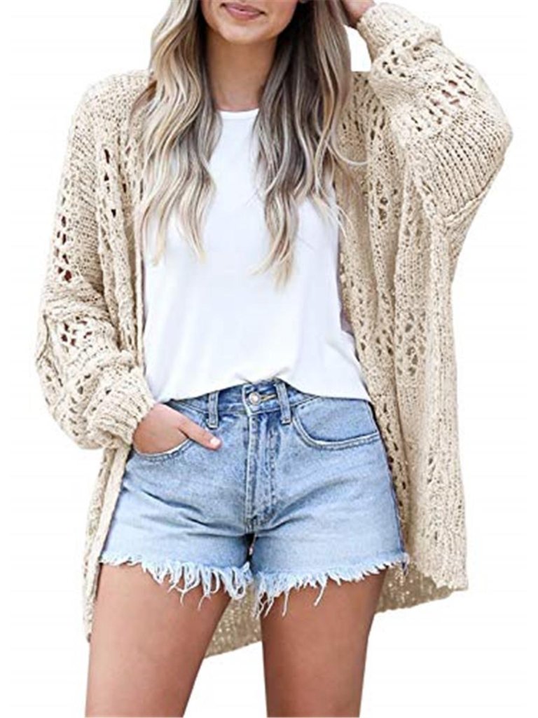 Womens Open Front Knit Cardigan Long Sleeve Lightweight Crochet Sweater